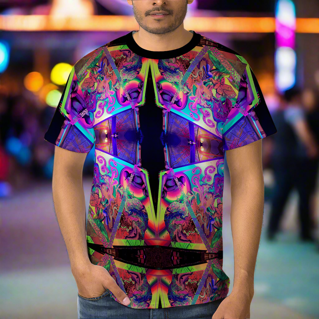 A person wearing a multicolored geometric patterned t-shirt.