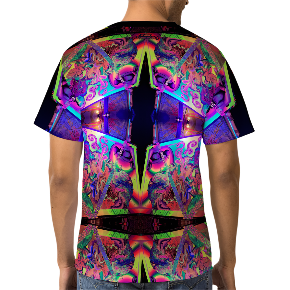 a man wearing a trippy shirt featuring an abstract design