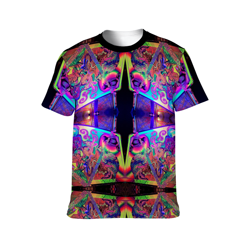 example of a multicolored geometric patterned t-shirt.