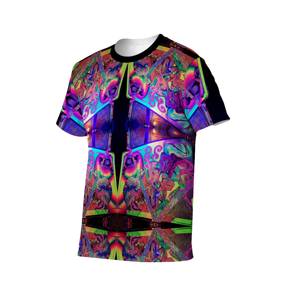 psychedelic t-shirt featuring an abstract design on a transparent background