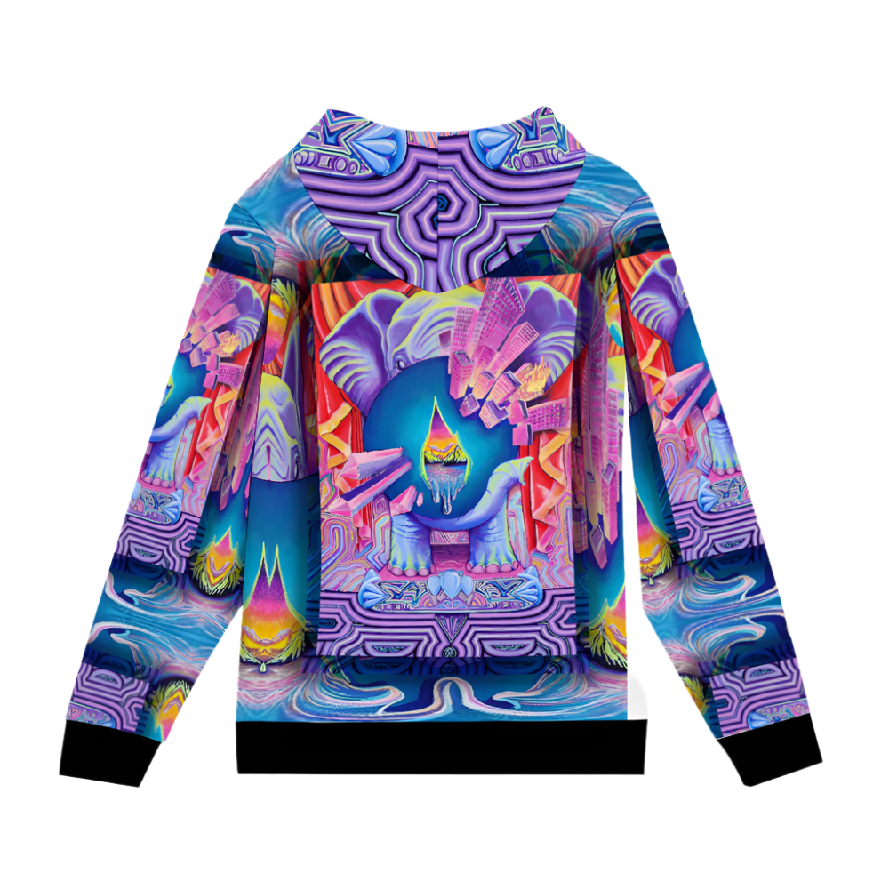 Colorful elephant hoodie with abstract design on a white background