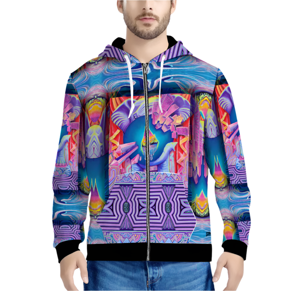 Person wearing a colorful, patterned hoodie with an elephant on it, on a white background
