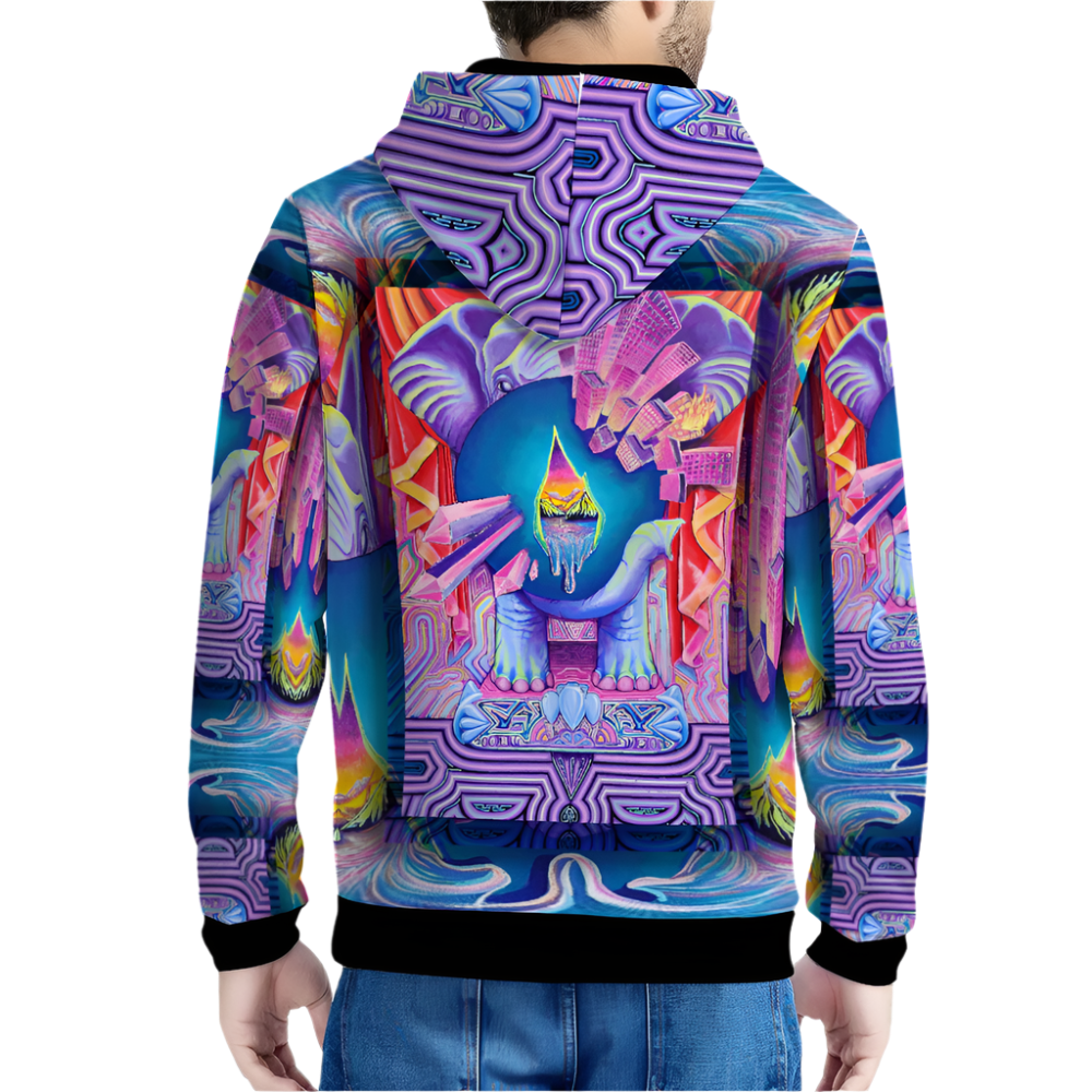 Colorful hoodie with abstract design on a white background