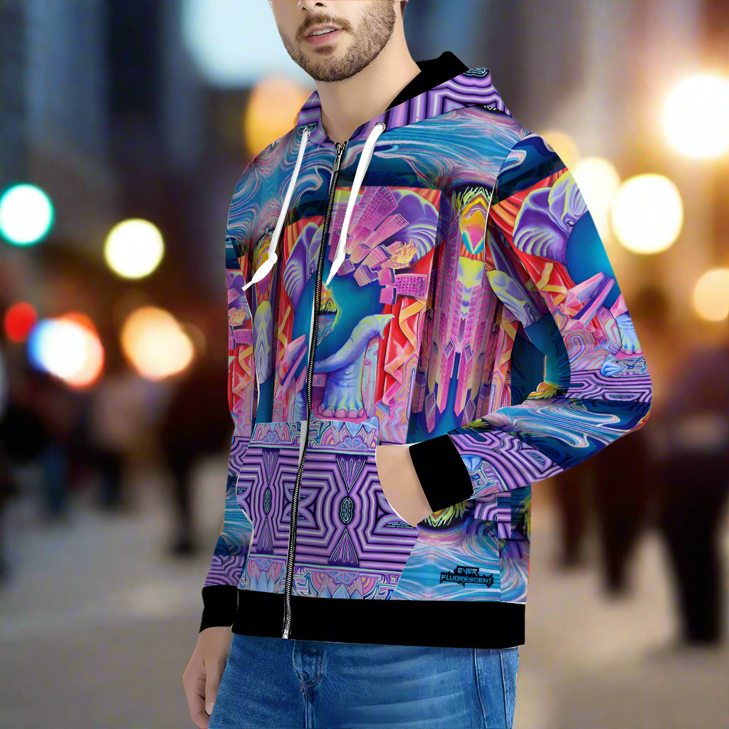 Person wearing a colorful geometric patterned hoodie on a white background