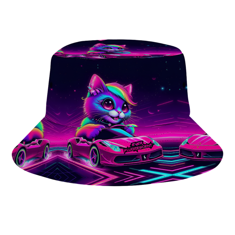 Bucket hat with a colorful cat and car design on a white background