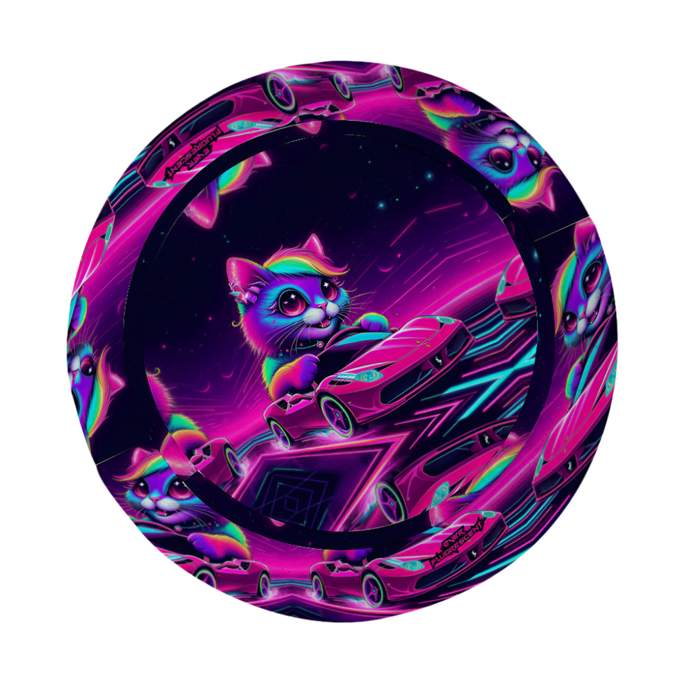 Colorful circular design with a cat-like creature and cars on a dark background