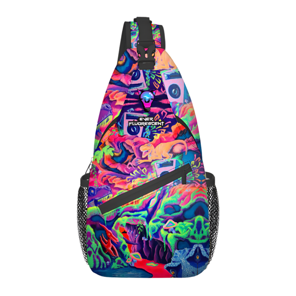 Colorful sling bag with a vibrant pattern on a white background