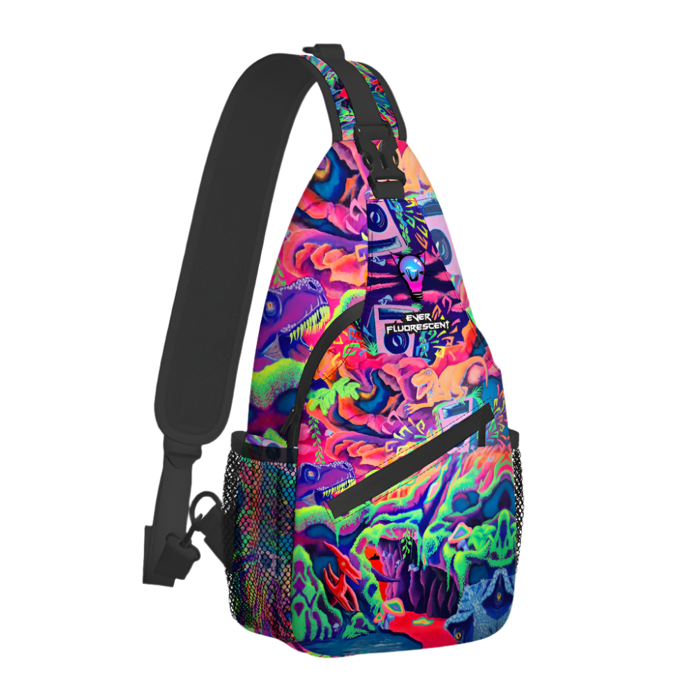 Colorful sling bag with a vibrant pattern featuring dinosaurs on a transparent background