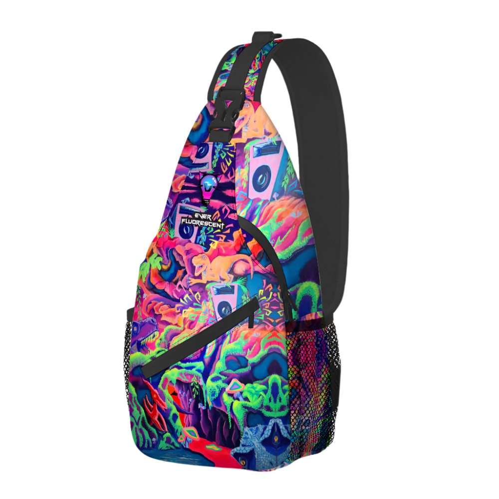 Colorful sling bag with a vibrant pattern on a white background