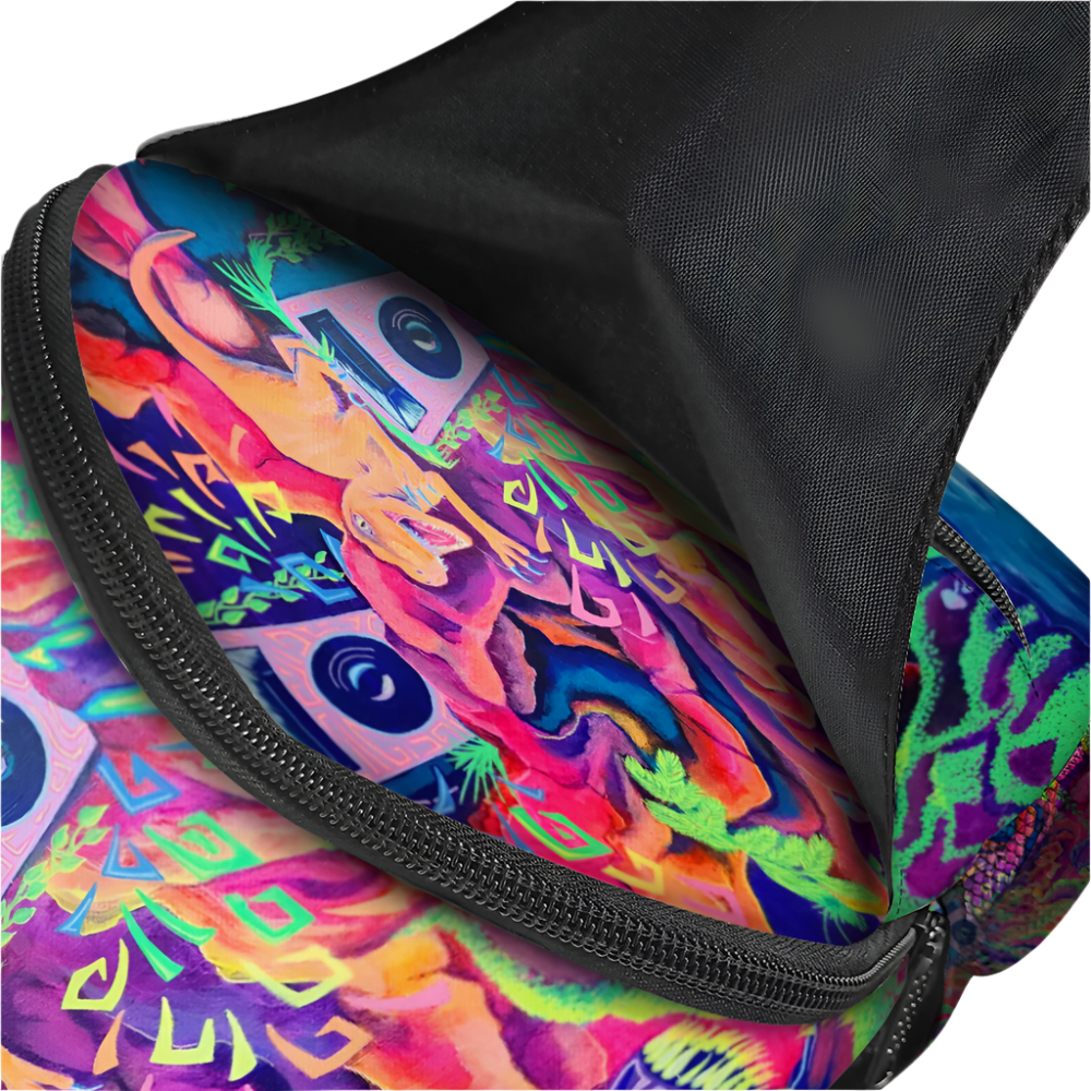 Colorful abstract design on a bag with a black zipper