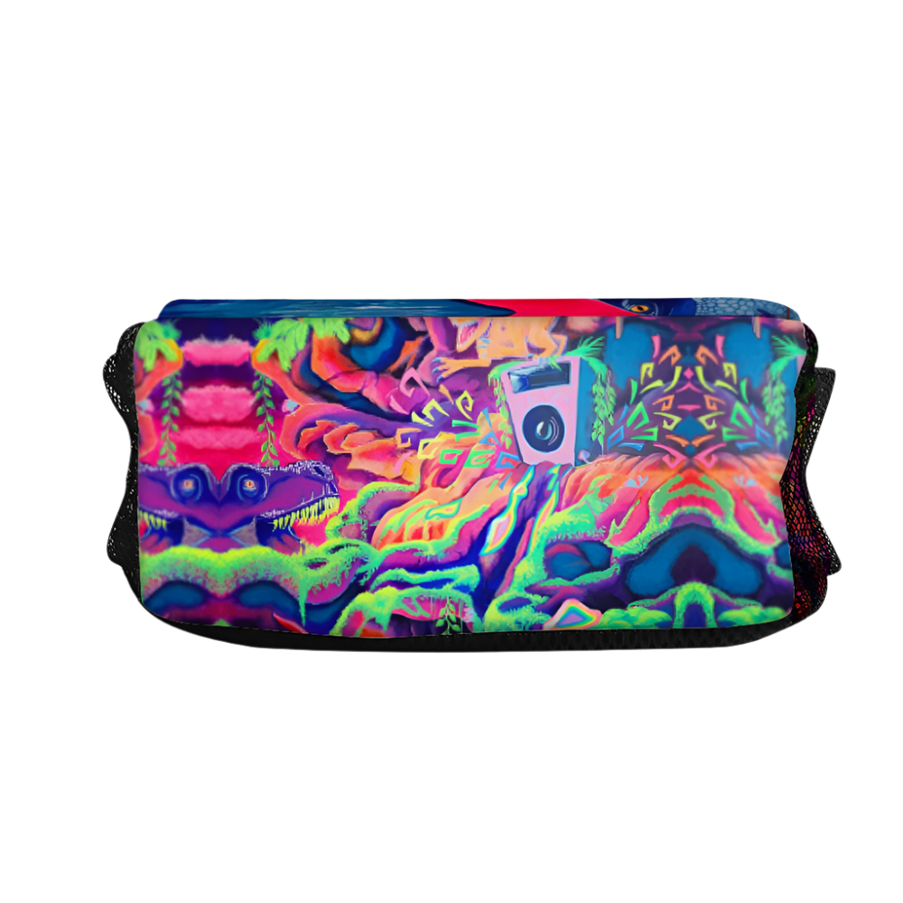 bottom of cross body bag featuring a dinosaur pattern