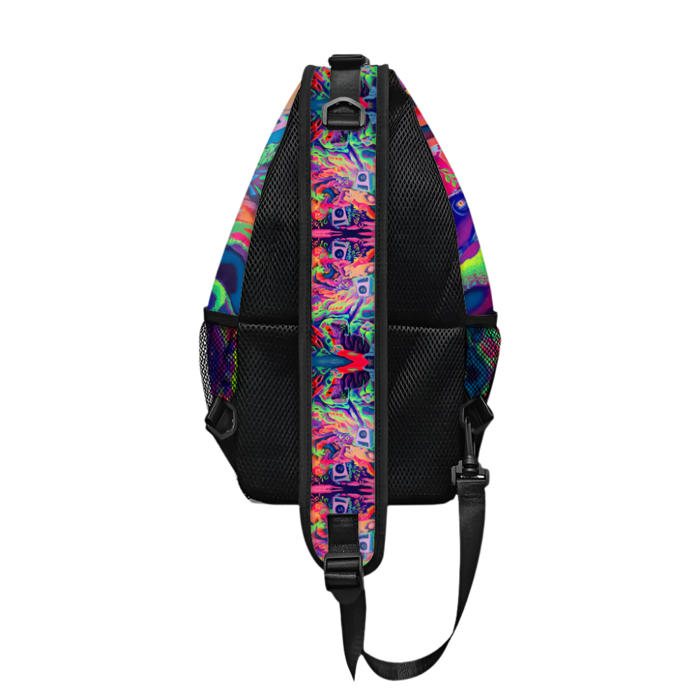 Backpack with colorful patterned strap on a white background
