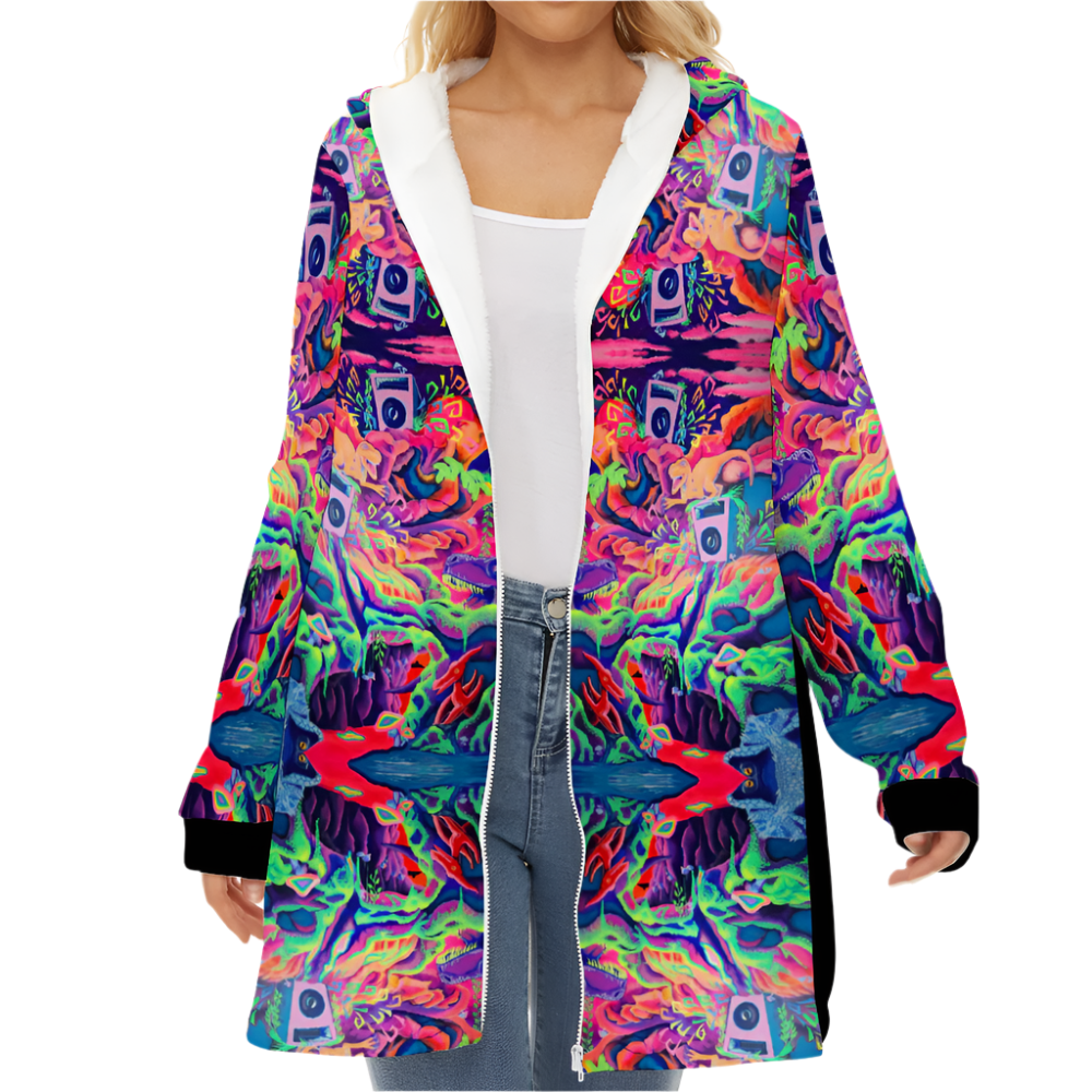 Jacket with colorful dinosaurs on it and a zipper in the front.
