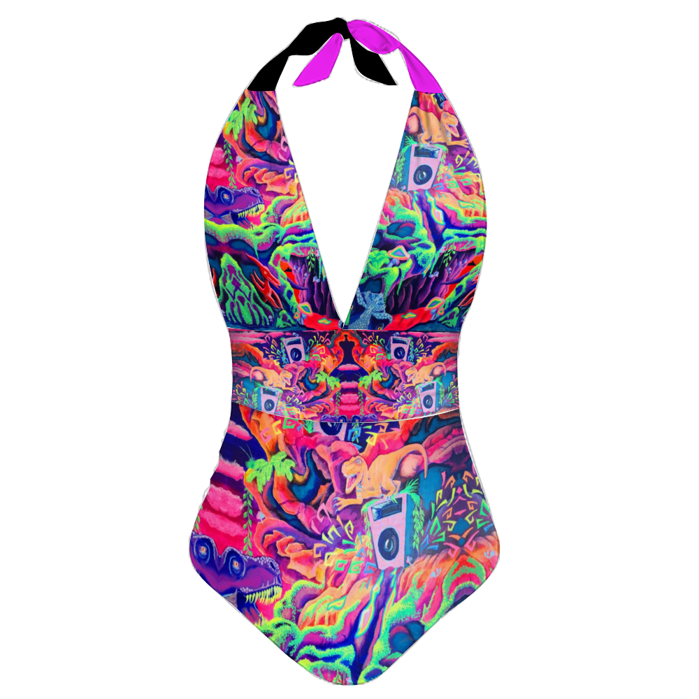 one piece swimsuit featuring dinosaurs in a prehistoric theme