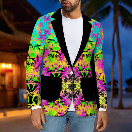 A man wearing a multicolored blazer with a geometric pattern featuring drippy shapes in pink, green, and black shades.