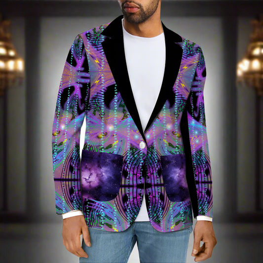A blazer with a starbirth space print, featuring vibrant colors and patterns, worn by a male model against a dark background with lights.