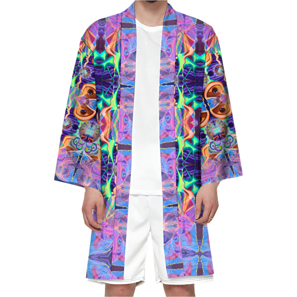 Person wearing a colorful, patterned robe on a white background