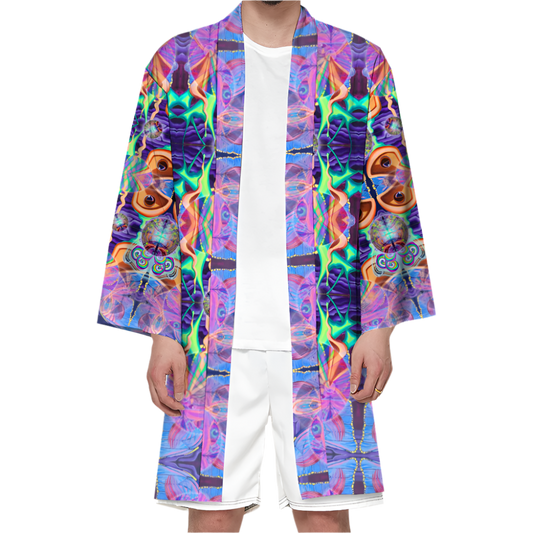 Person wearing a colorful, patterned robe on a white background