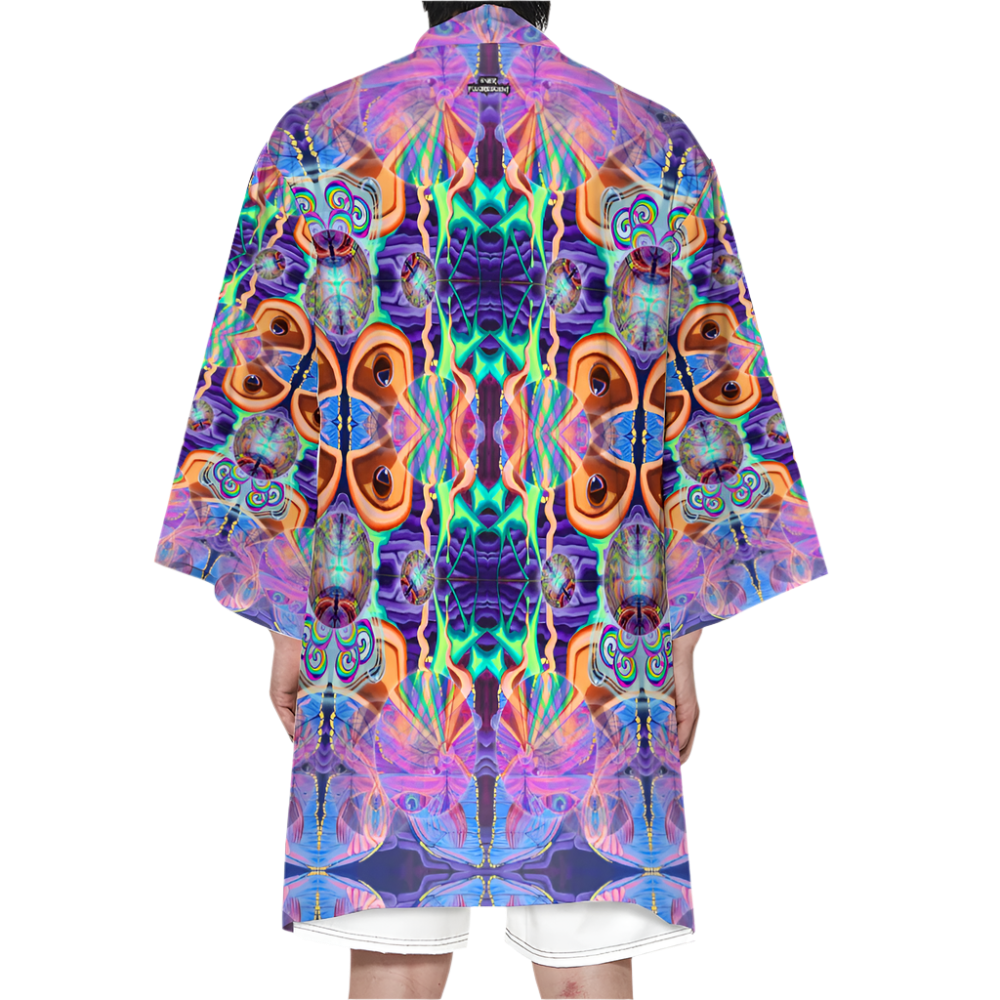 Colorful psychedelic patterned garment on a white background
