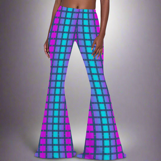 A pair of bell bottom pants with a geometric pattern in multicolor.