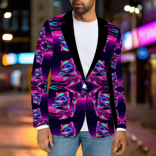 A man wearing a multicolored blazer with a geometric and animal print, predominantly featuring purple and pink hues.