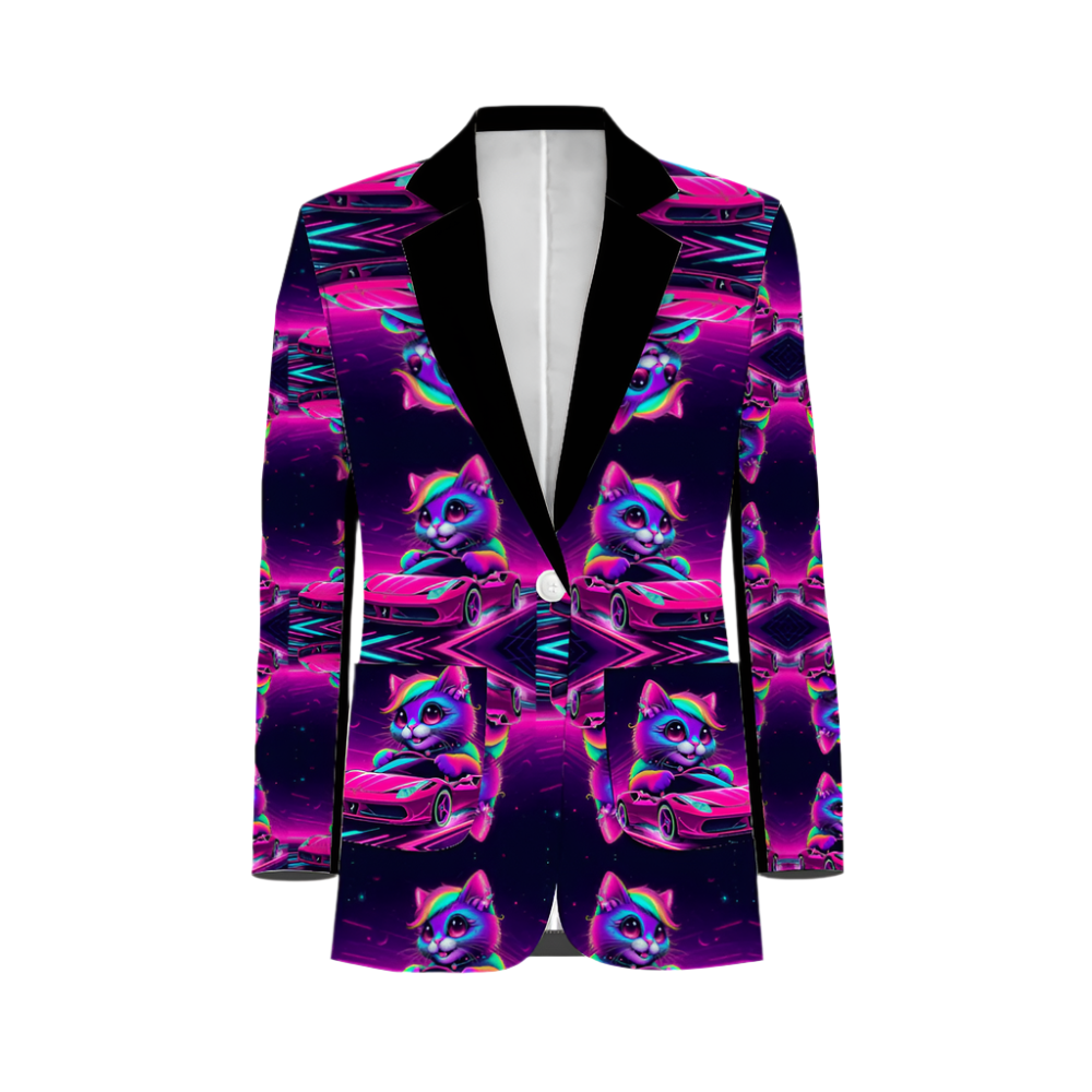 Multicolored blazer with a geometric and animal print, predominantly featuring purple and pink hues.
