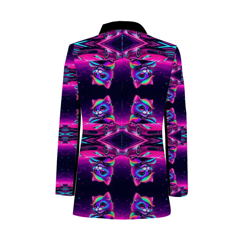 back of blazer featuring a cat driving a car, mostly purple and black