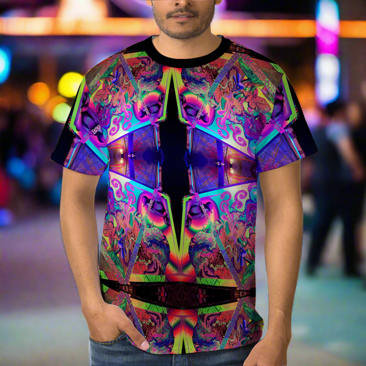 A person wearing a multicolored geometric patterned t-shirt.