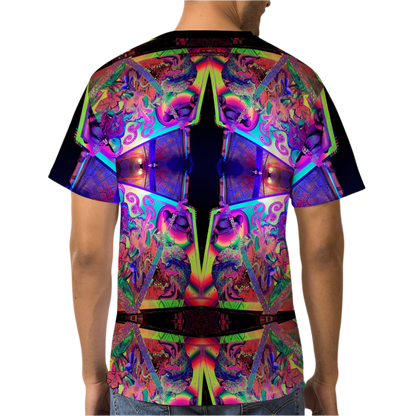 a man wearing a trippy shirt featuring an abstract design