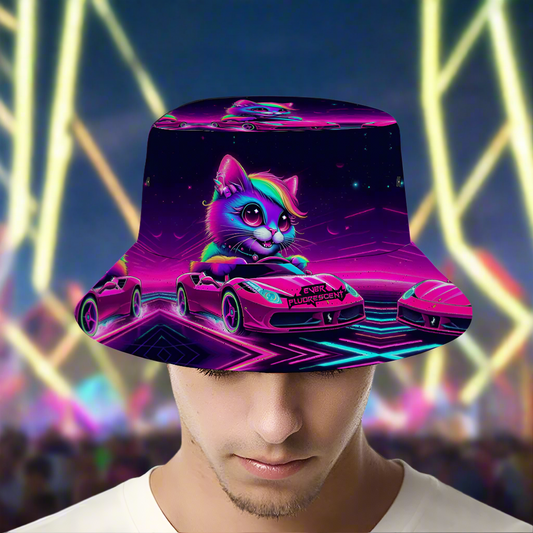 A person wearing a bucket hat with a colorful design featuring a cat and a car on a vibrant, neon-lit background.