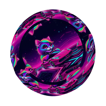 Colorful circular design with a cat-like creature and cars on a dark background