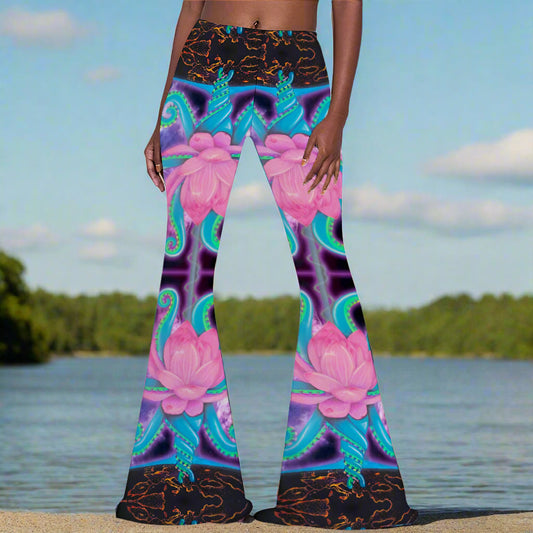 Lotus Print Stretch Bell Bottom Flare Pants