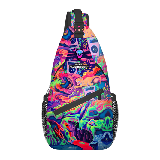 Colorful sling bag with a vibrant pattern on a white background
