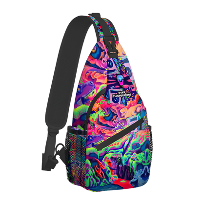 Colorful sling bag with a vibrant pattern featuring dinosaurs on a transparent background