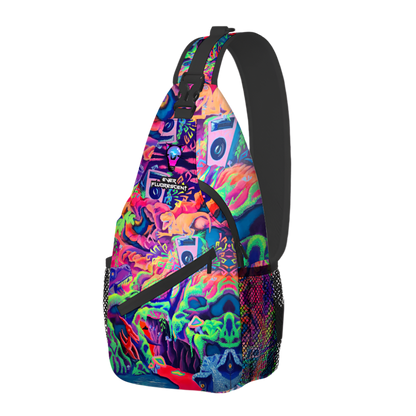 Colorful sling bag with a vibrant pattern on a white background