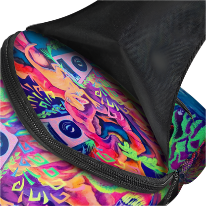 Colorful abstract design on a bag with a black zipper