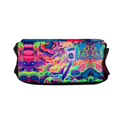 bottom of cross body bag featuring a dinosaur pattern