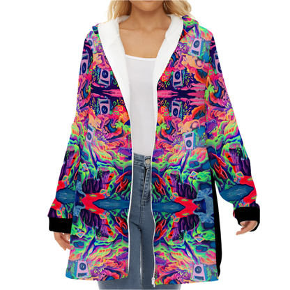Jacket with colorful dinosaurs on it and a zipper in the front.