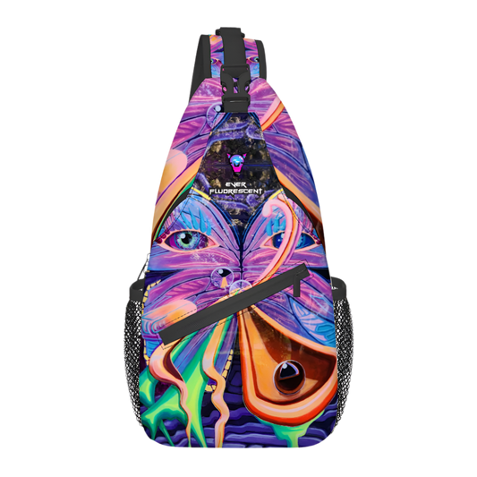 Colorful sling bag with butterfly design on a white background