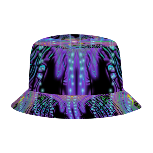 Bucket hat with a vibrant, multicolored pattern on a white background