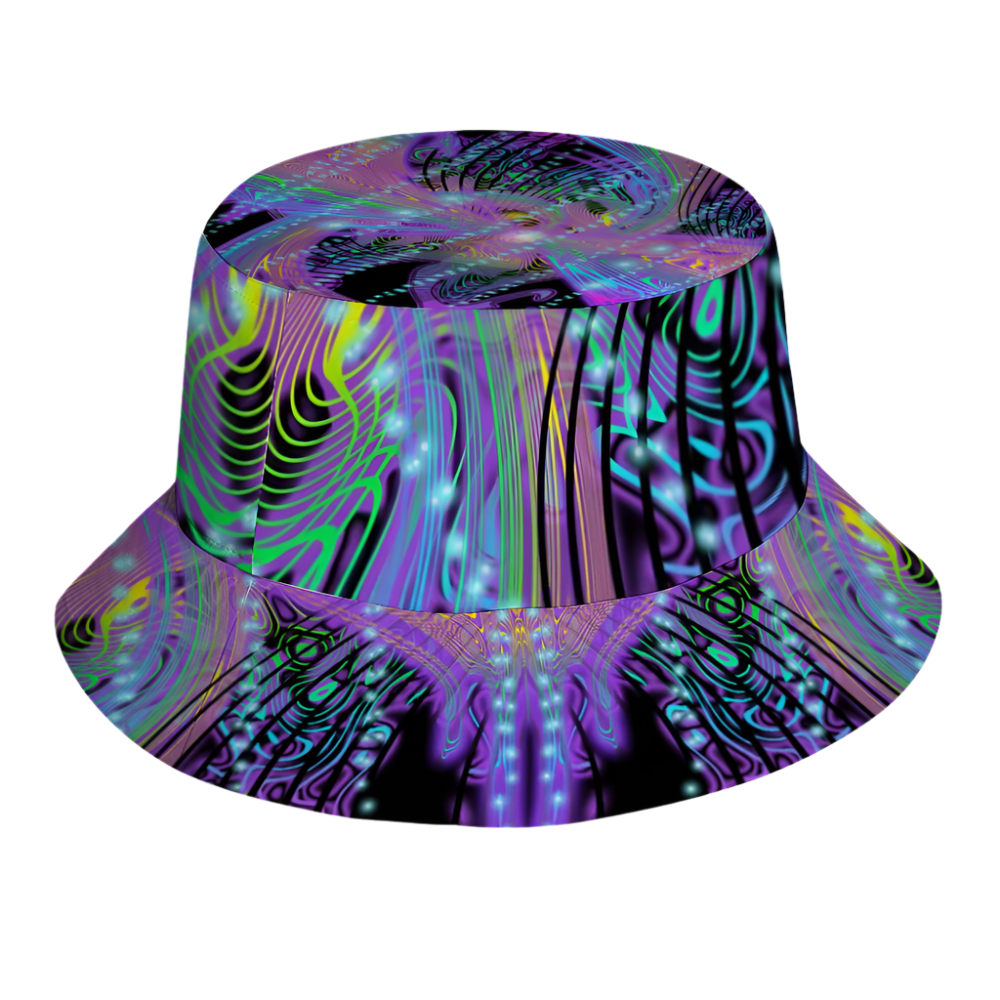 Colorful bucket hat with abstract design on a white background