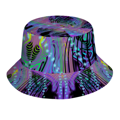 Colorful bucket hat with abstract design on a white background