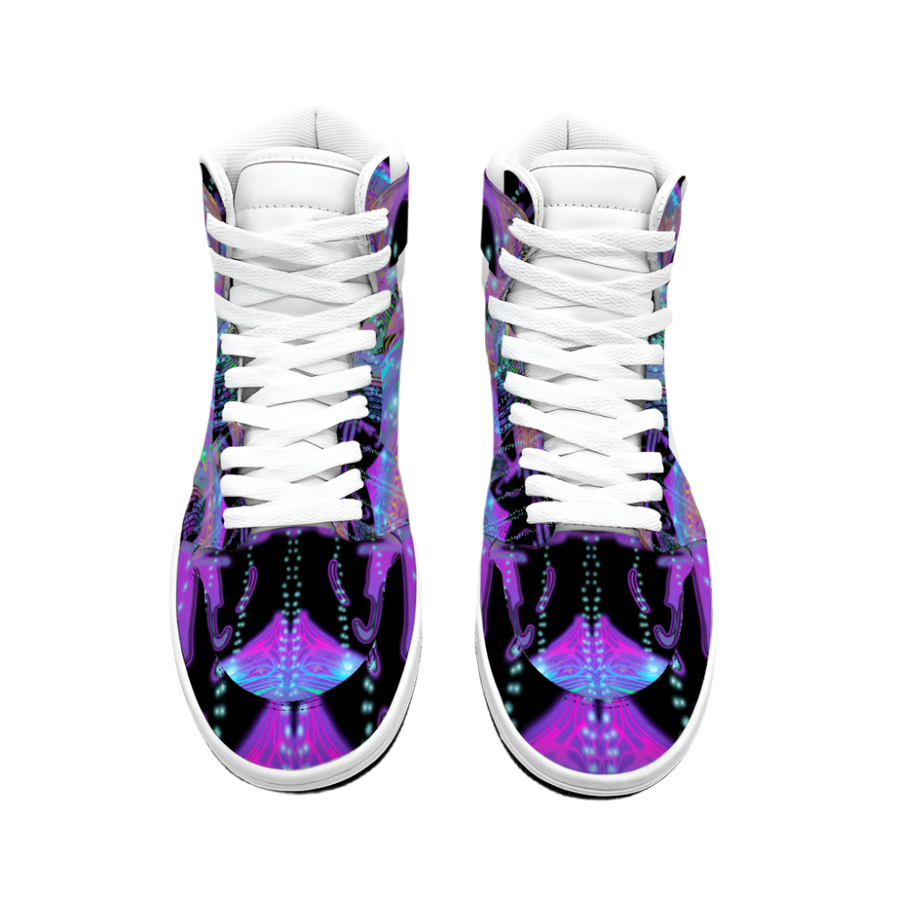 High-top sneakers with a colorful abstract design on a white background