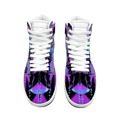 High-top sneakers with a colorful abstract design on a white background