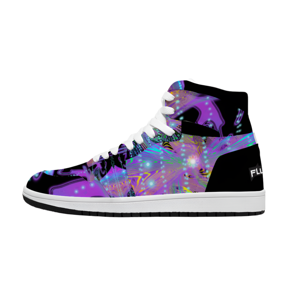 High-top sneaker with a colorful abstract design on a white background