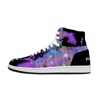 High-top sneaker with a colorful abstract design on a white background