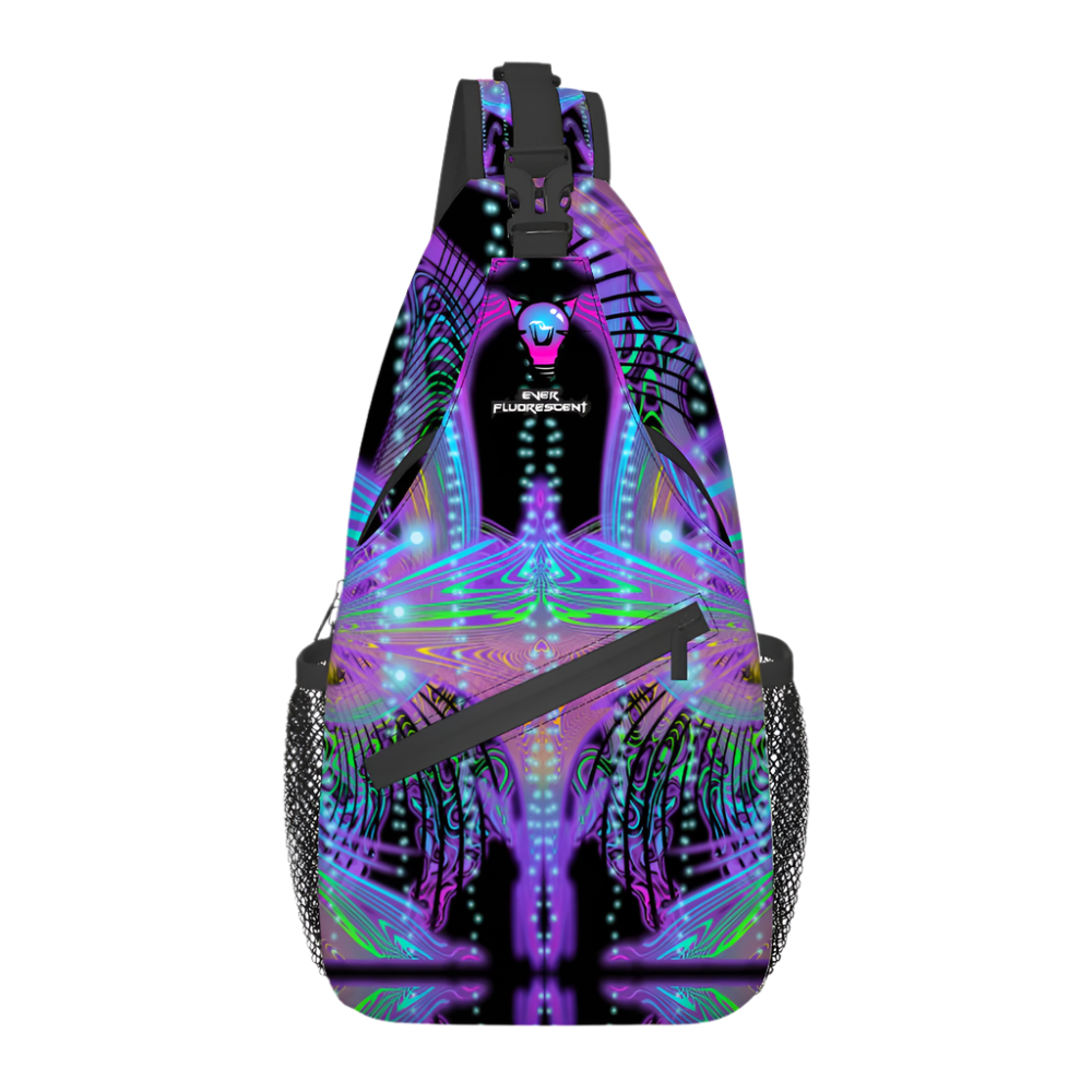 Neon backpack with a colorful design on a white background