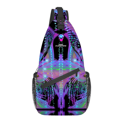 Neon backpack with a colorful design on a white background