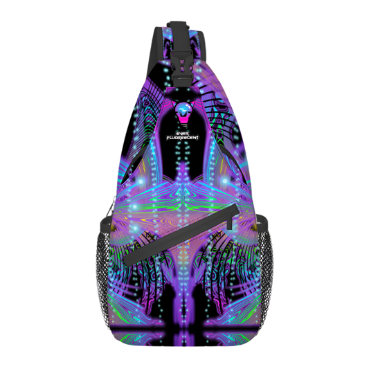 Neon backpack with a colorful design on a white background
