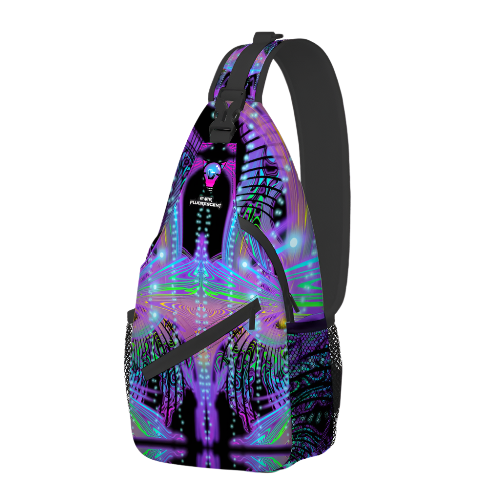 Sling bag with colorful abstract design on a white background